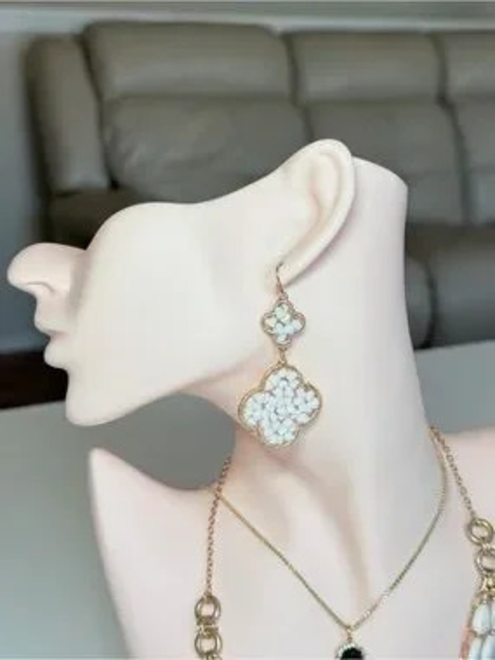 Gold and White Floral Mosaic Drop Earrings